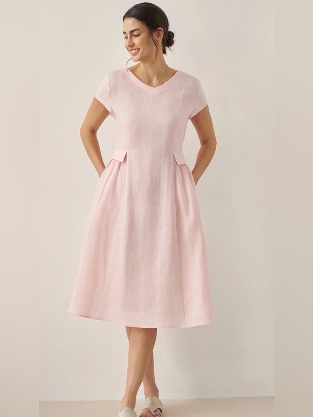 Lintico 100% Linen V-Neck Alexa Dress Dusty Rose Pink Pockets Large NWT